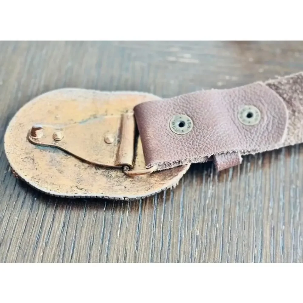 Vintage Brown Leather Jeweled Shield Buckle Belt Size 32